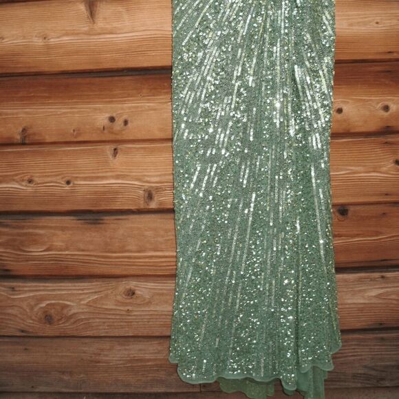 NWT Mac Duggal SEQUINED ONE SHOULDER DRAPED LACE UP GOWN 5687 Green Size 14 - Picture 9 of 16